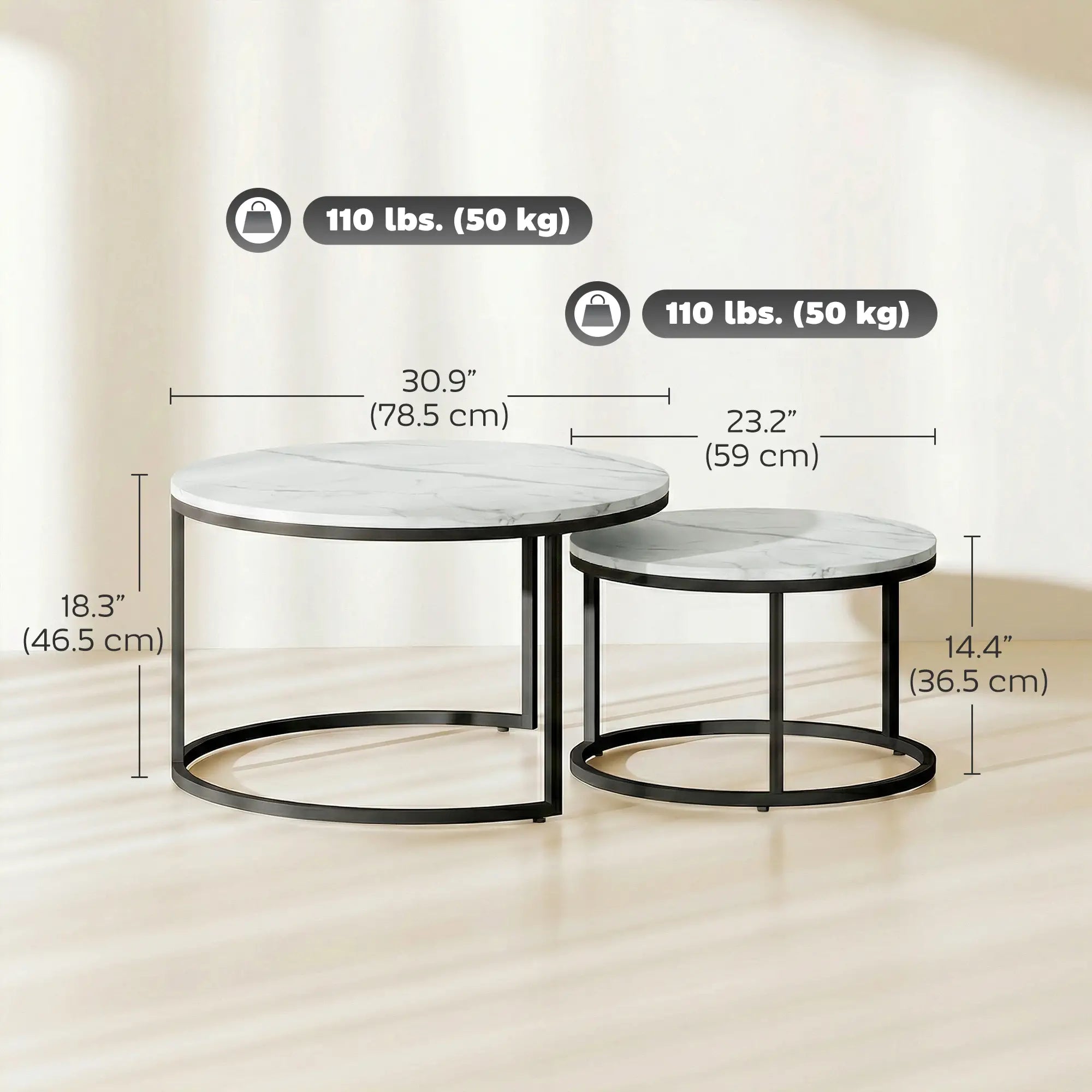 Modern Coffee Table Set, 2 Nesting Tables, Metal Base, Marble White, White Coffee Tables at Gallery Canada