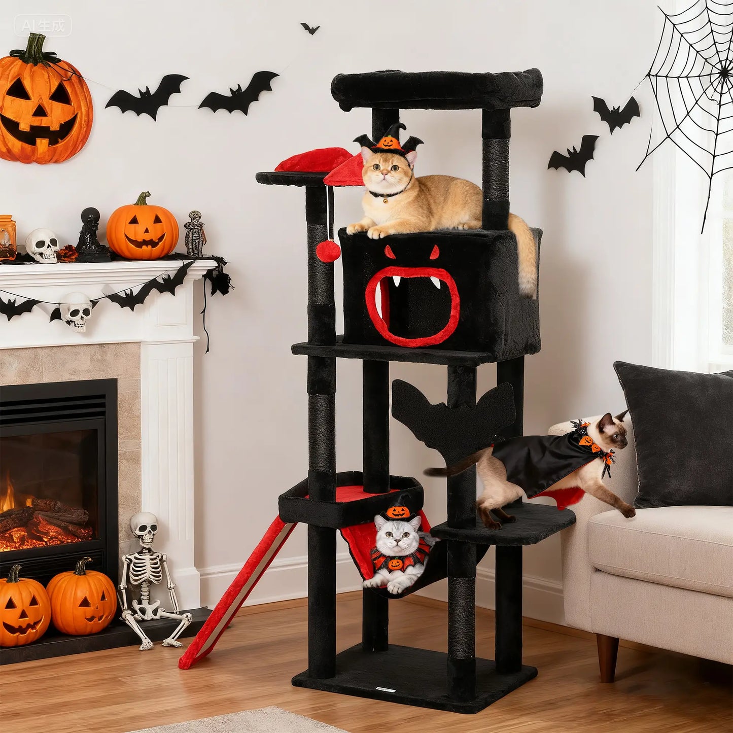 Gothic Cat Tree, 60" Tall, Coffin Bed, Scratching Posts, Black Cat Towers at Gallery Canada