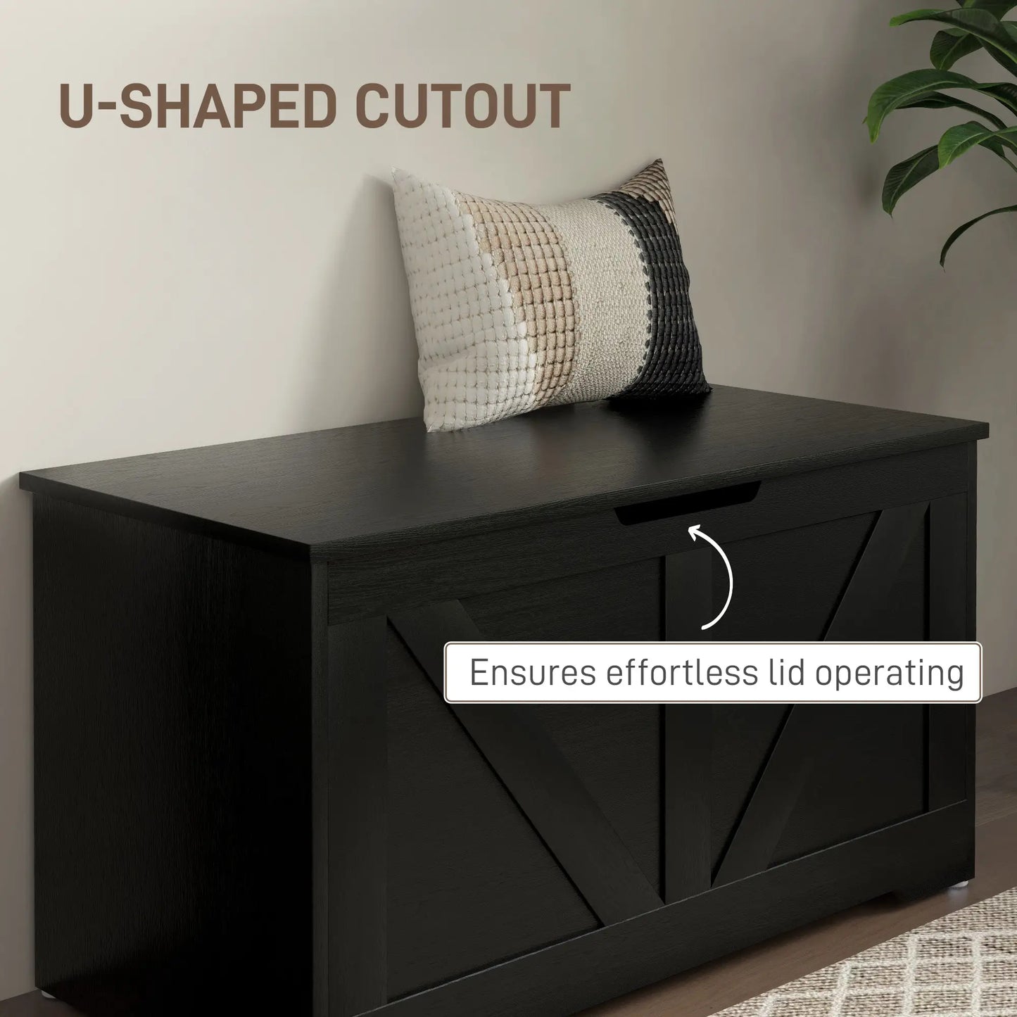 31.5 Inches Storage Chest, Wooden Box with Safety Hinges, Wood Grain, Black Storage Cabinets at Gallery Canada