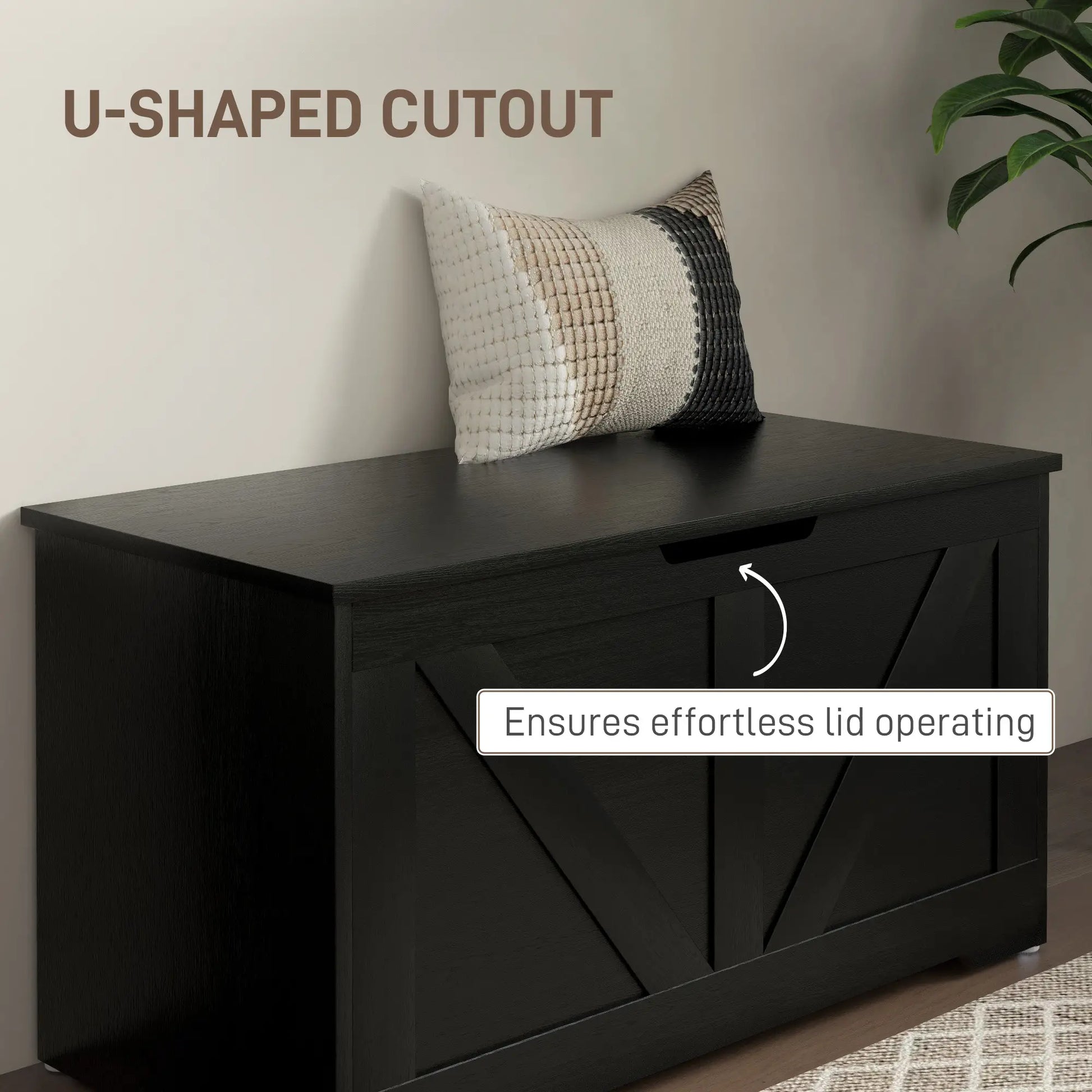 31.5 Inches Storage Chest, Wooden Box with Safety Hinges, Wood Grain, Black Storage Cabinets at Gallery Canada