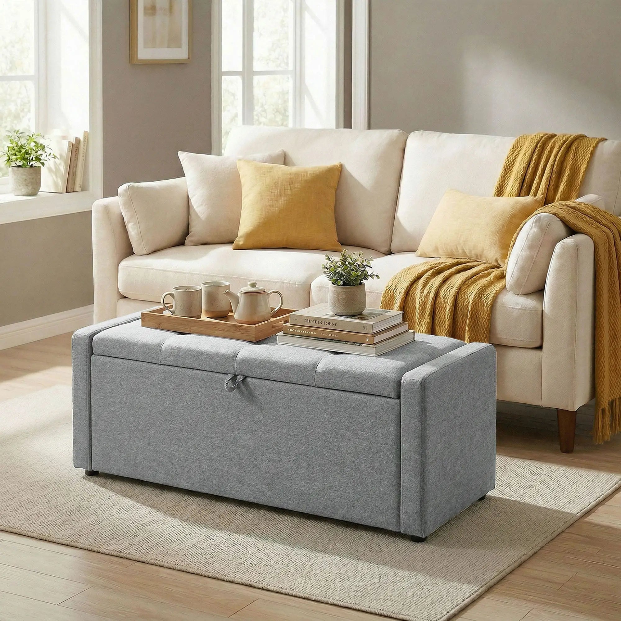 Storage Ottoman Bench, Linen Fabric, Light Grey Storage Ottomans & Benches at Gallery Canada