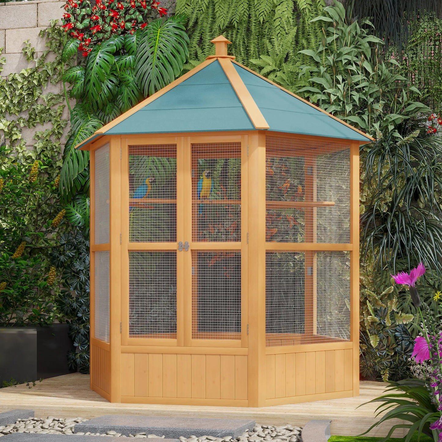 70"H Hexagonal Wooden Bird Cage, Outdoor Aviary with Doors Bird Cages at Gallery Canada