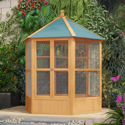 70"H Hexagonal Wooden Bird Cage, Outdoor Aviary with Doors Bird Cages at Gallery Canada