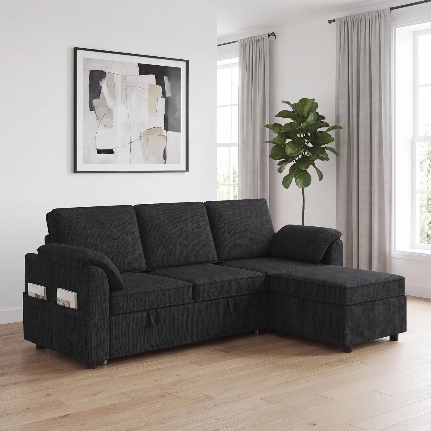 Reversible Sectional Sofa Bed With Storage Ottoman, Black