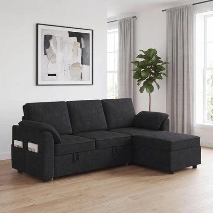Reversible Sectional Sofa Bed With Storage Ottoman, Black