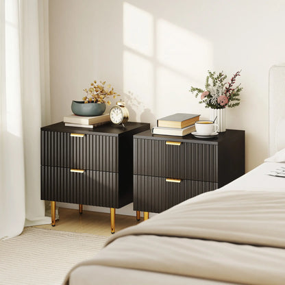 Modern Nightstand Set of 2, 2 Drawers, Metal Legs, Black Bedside Tables at Gallery Canada