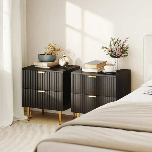 Modern Nightstand Set of 2, 2 Drawers, Metal Legs, Black Bedside Tables Black at Gallery Canada