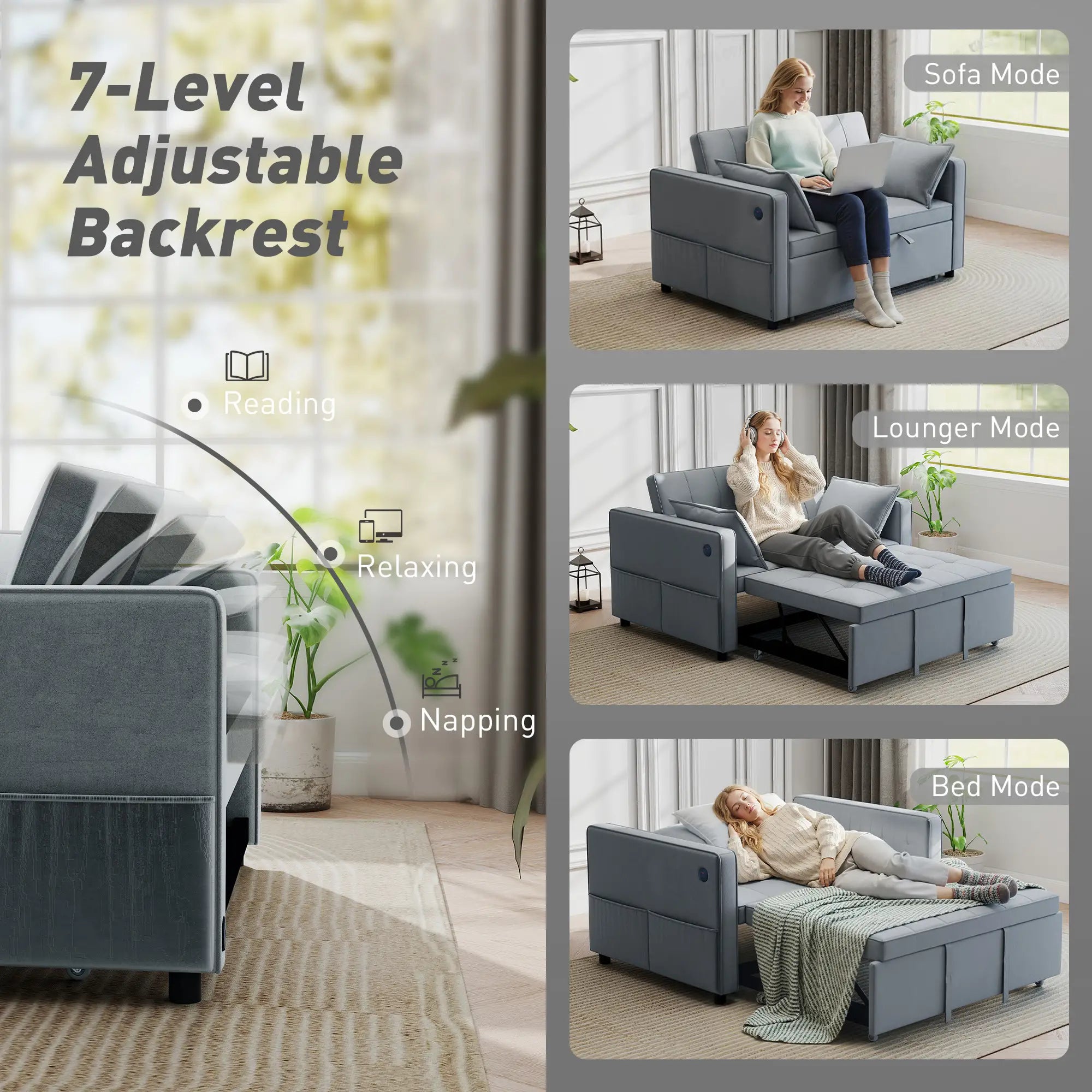 3-In-1 Convertible Sofa Bed, Pull Out Sleeper, Adjustable Backrest, Dark Grey 2-Seater Sofas at Gallery Canada