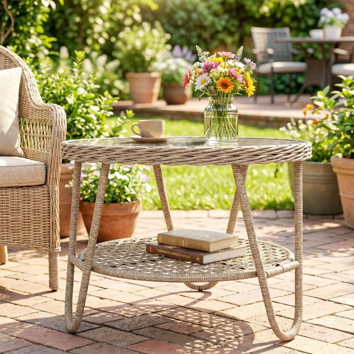 Rattan Outdoor Coffee Table, 2-Tier Small Garden Side Table, Tempered Glass Top Patio Side Tables at Gallery Canada