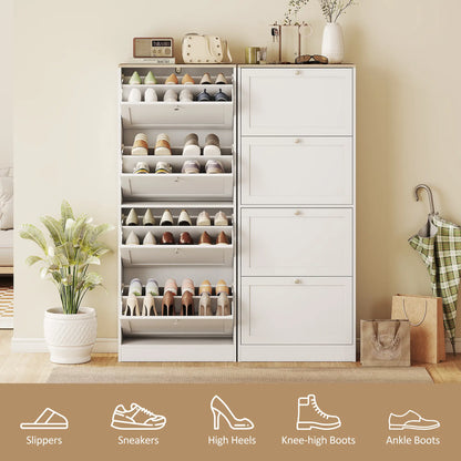 Shoe Storage Cabinet, 4 Flip Drawers, Adjustable Shelves, 18-24 Pairs, White
