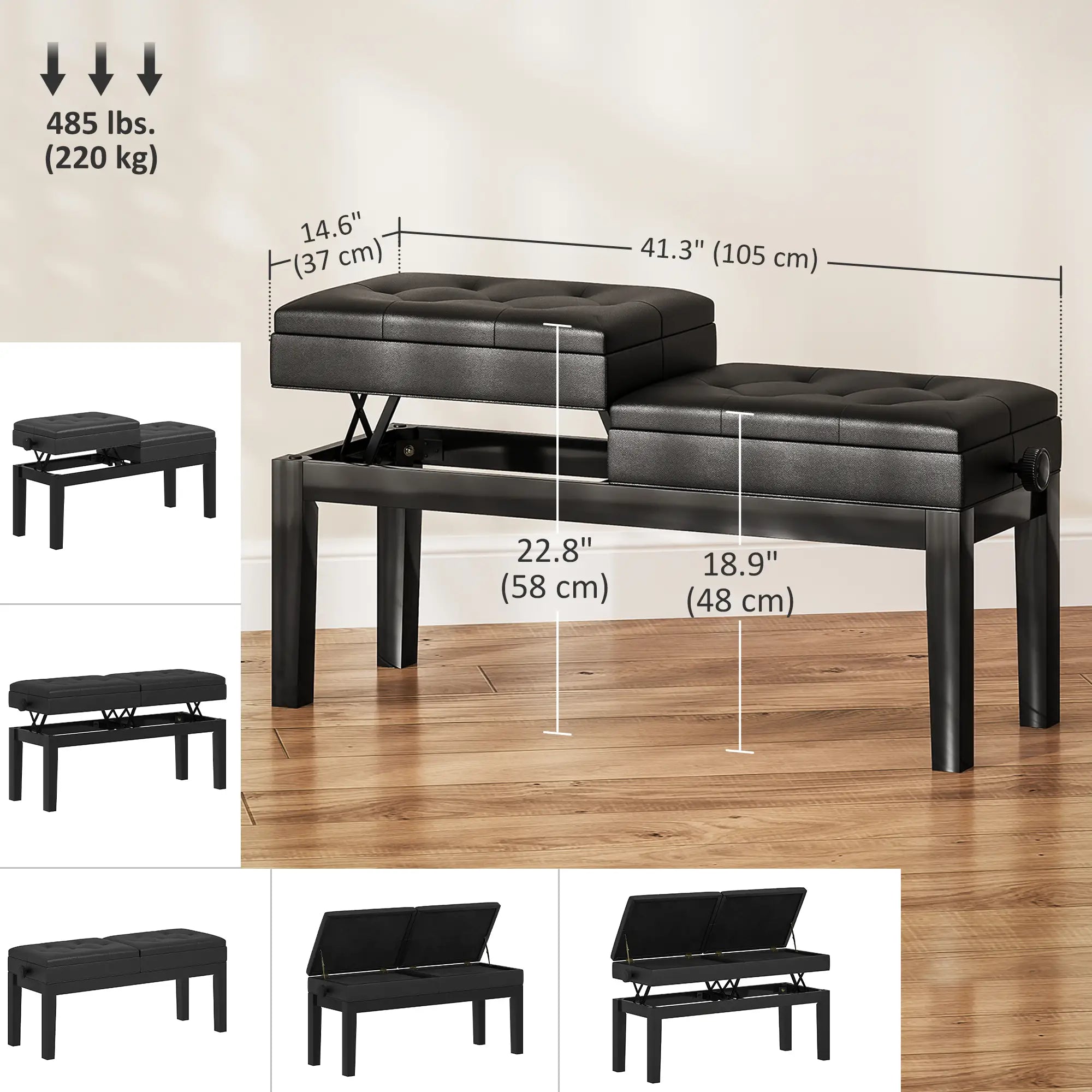 Height Adjustable Piano Bench with Storage, PU Leather Tufted, Black Piano Benches at Gallery Canada