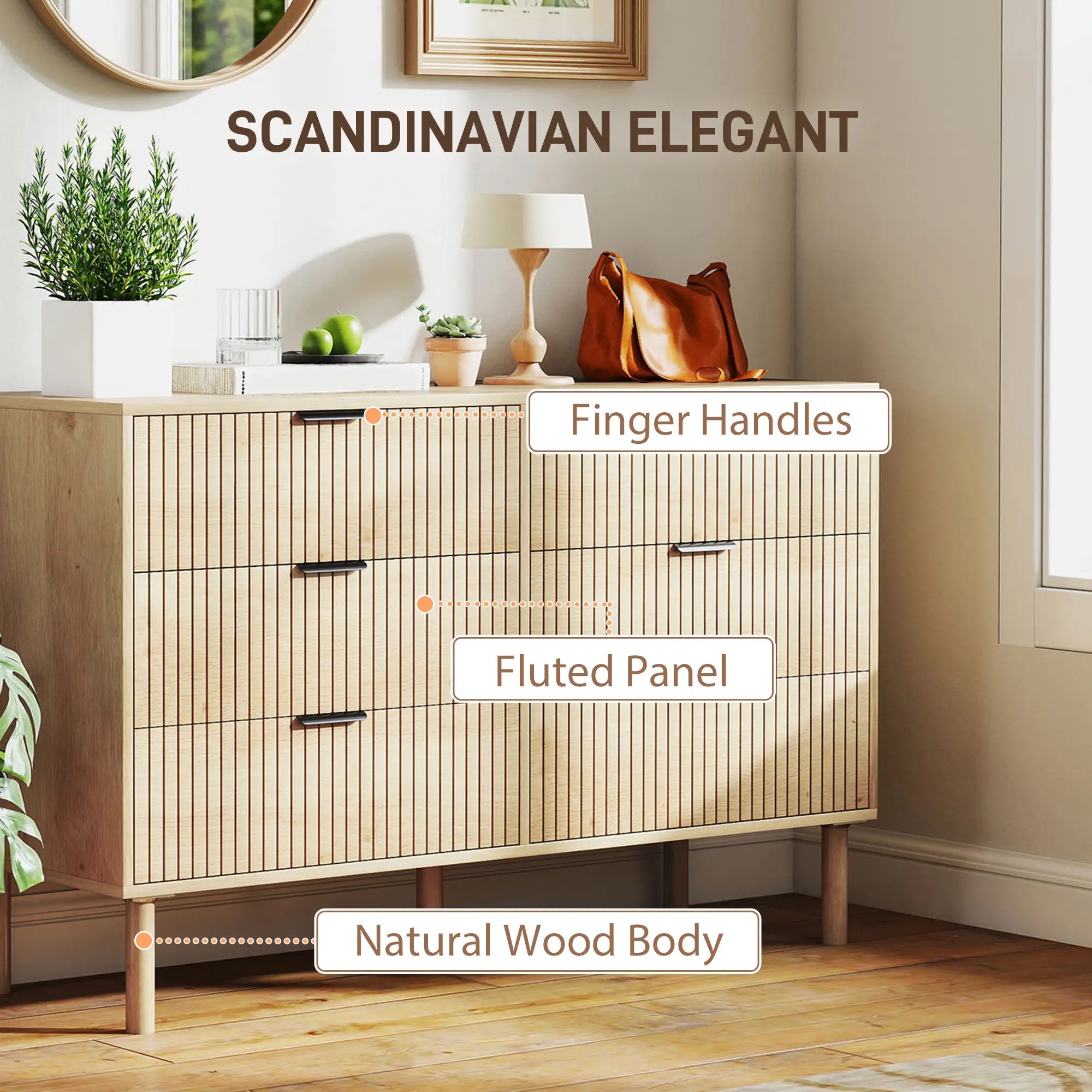 6 Drawer Dresser, Fluted Panels, Solid Wood Legs, Oak Storage Cabinets at Gallery Canada