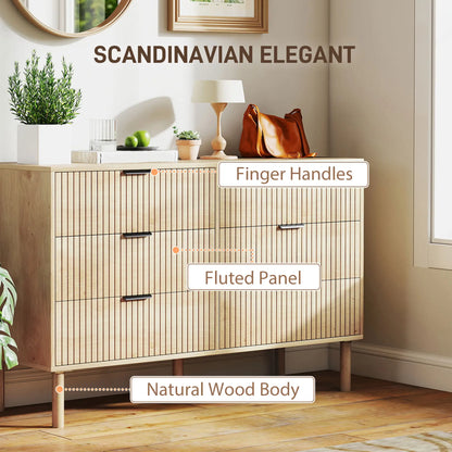 6 Drawer Dresser, Fluted Panels, Solid Wood Legs, Oak Storage Cabinets at Gallery Canada
