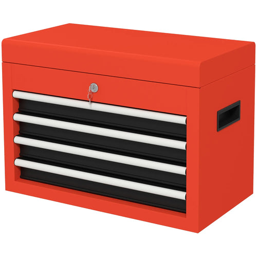 Portable Tool Chest, 4 Drawers, Lockable Steel Box, Red