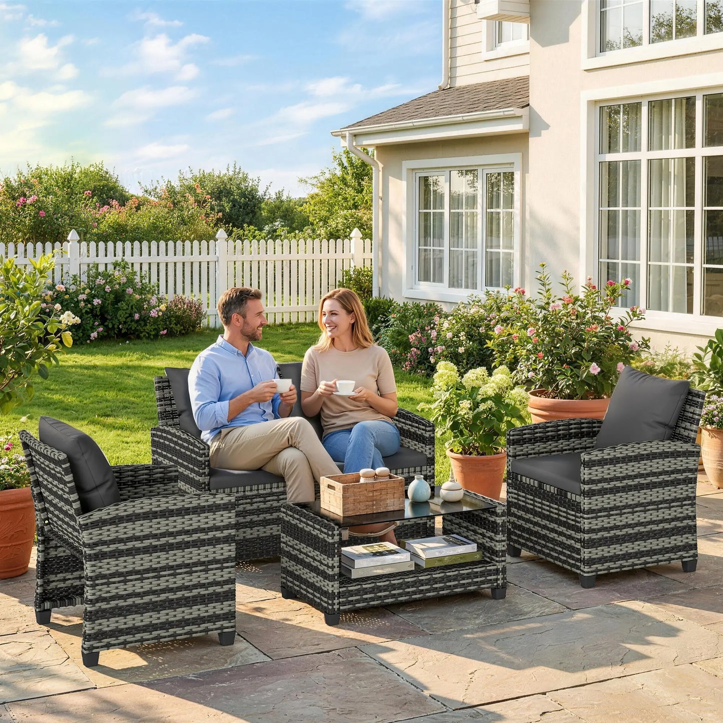 4 Piece Wicker Patio Furniture Set, Loveseat, Chairs, Table, Dark Grey Patio Furniture Sets at Gallery Canada