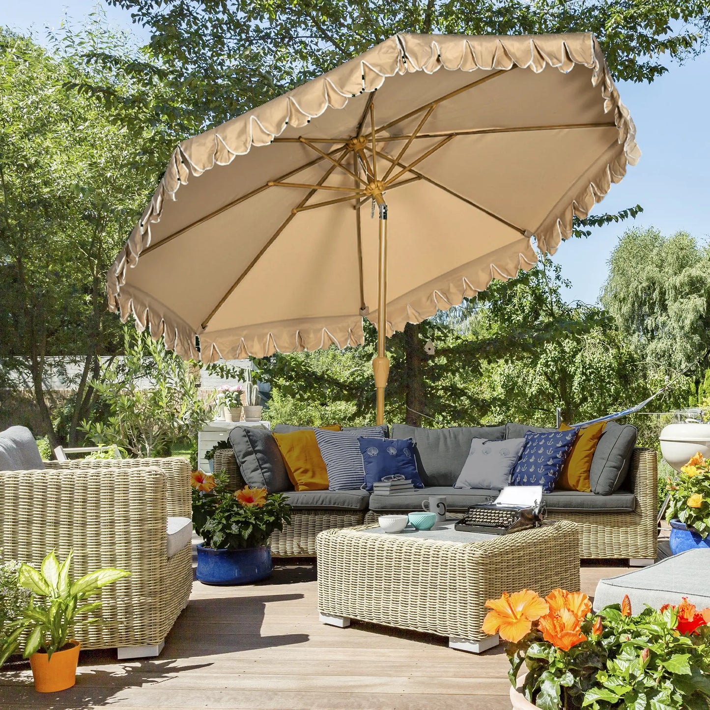 9 ft Outdoor Patio Umbrella, Push Button Tilt Crank, Khaki Patio Umbrellas at Gallery Canada