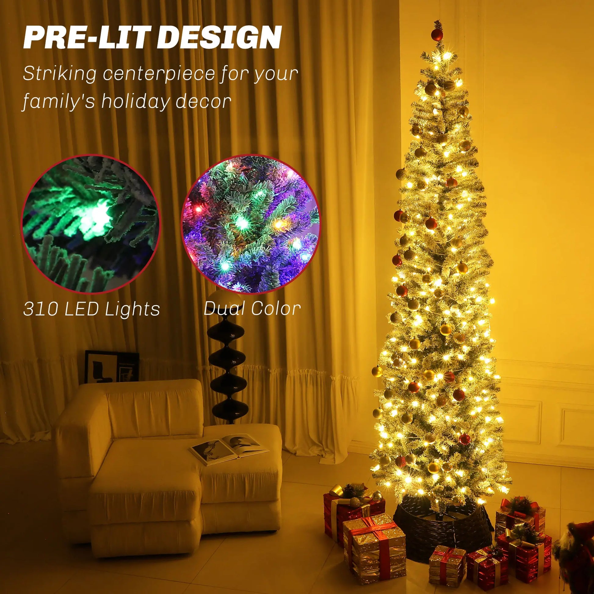 9ft Prelit Pencil Christmas Tree, Flocked, 895 Tips, Dual Color LEDs Pre Lit Christmas Trees at Gallery Canada