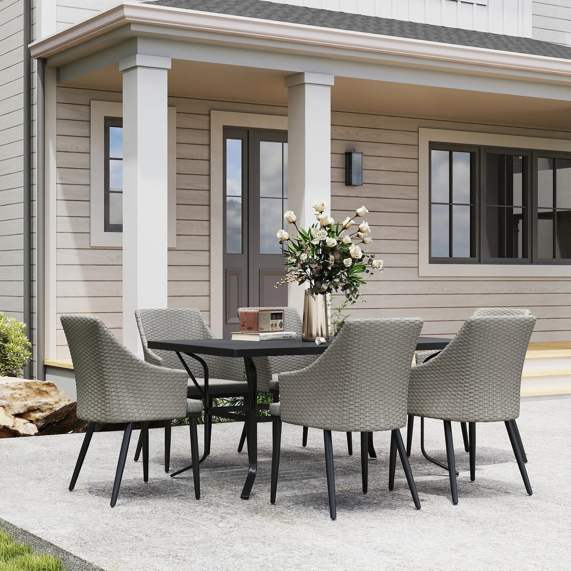 7 Piece Wicker Patio Set, Cushions, Umbrella Hole, Slatted Table Outdoor Dining Sets at Gallery Canada