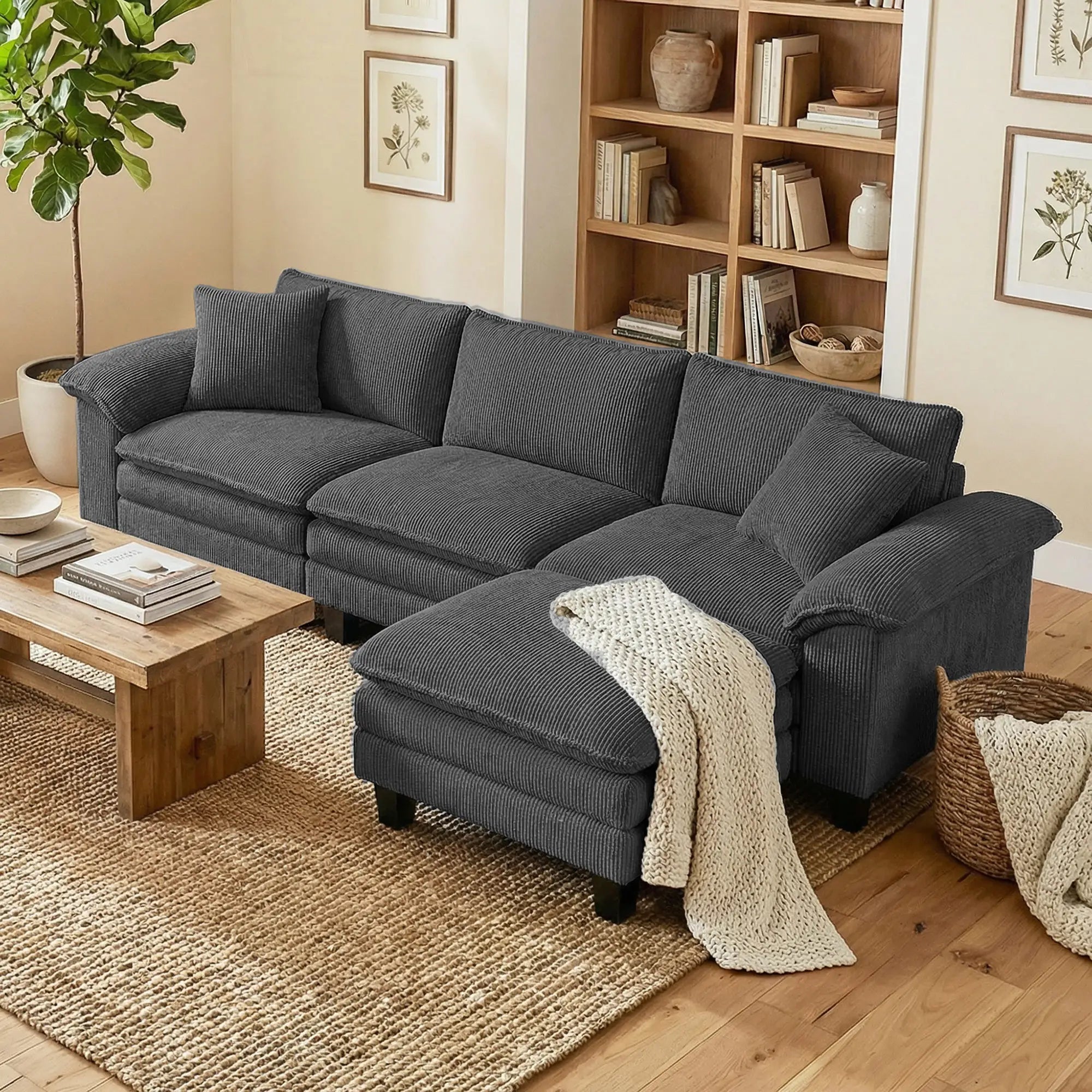L-Shaped Sectional Sofa, Movable Ottoman, Pillow-Top Armrests, Dark Grey 3-Seater Sofas at Gallery Canada