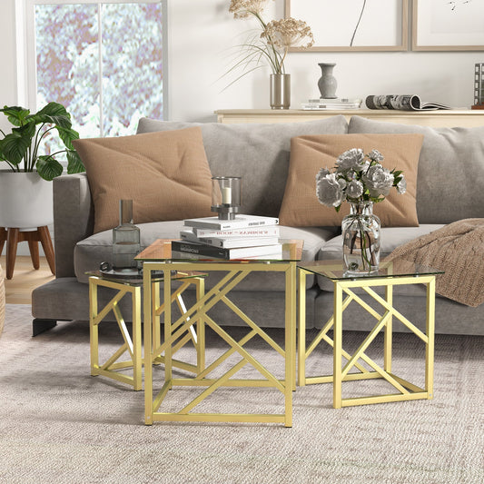 Glass Coffee Table Set of 3, Nest of Tables for Living Room with Tempered Glass Top and Steel Frame, Brushed Gold - Gallery Canada