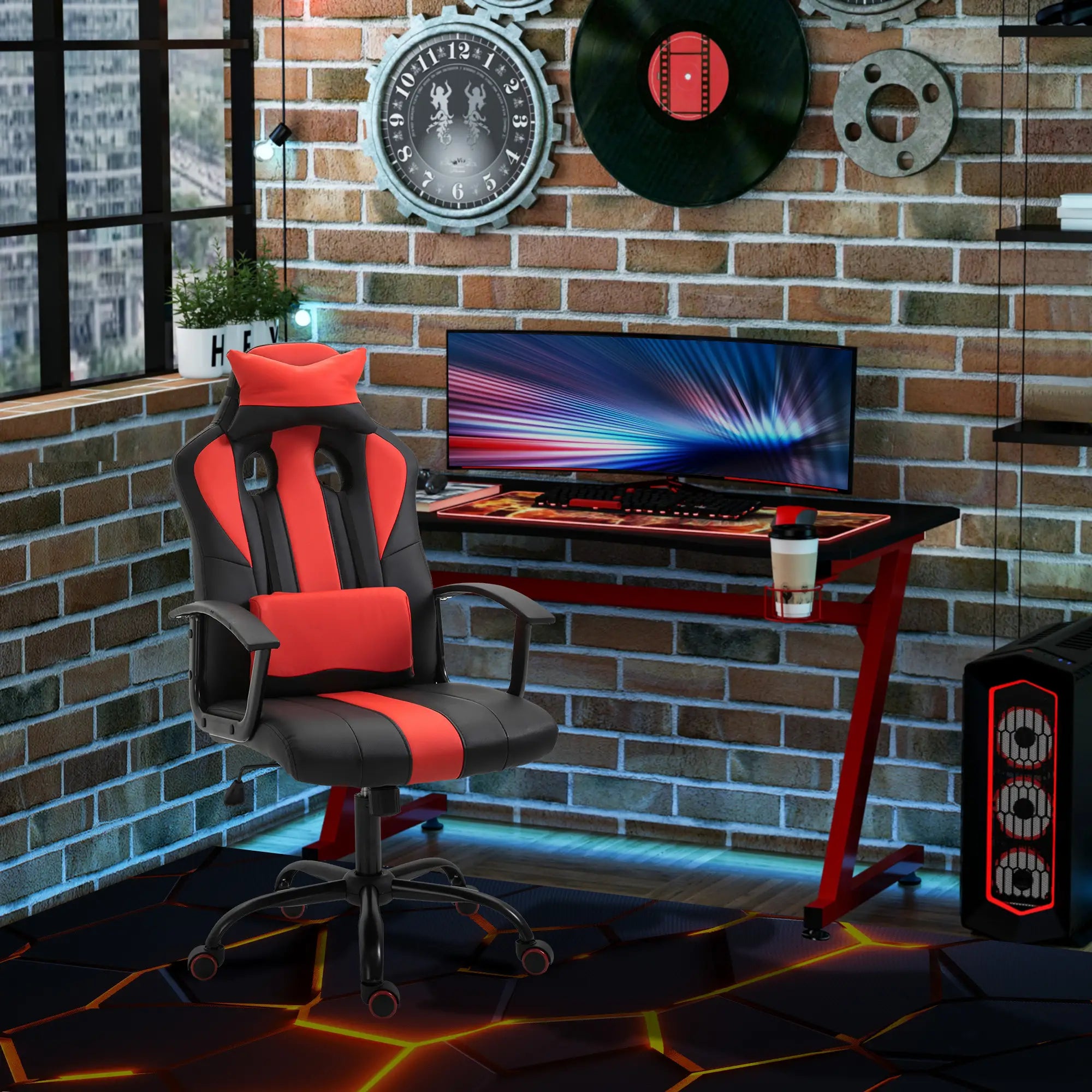 High Back Racing Style Gaming Chair, Adjustable PU Leather, Lumbar Support, Red Video Game Chairs at Gallery Canada