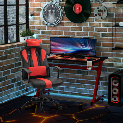 High Back Racing Style Gaming Chair, Adjustable PU Leather, Lumbar Support, Red