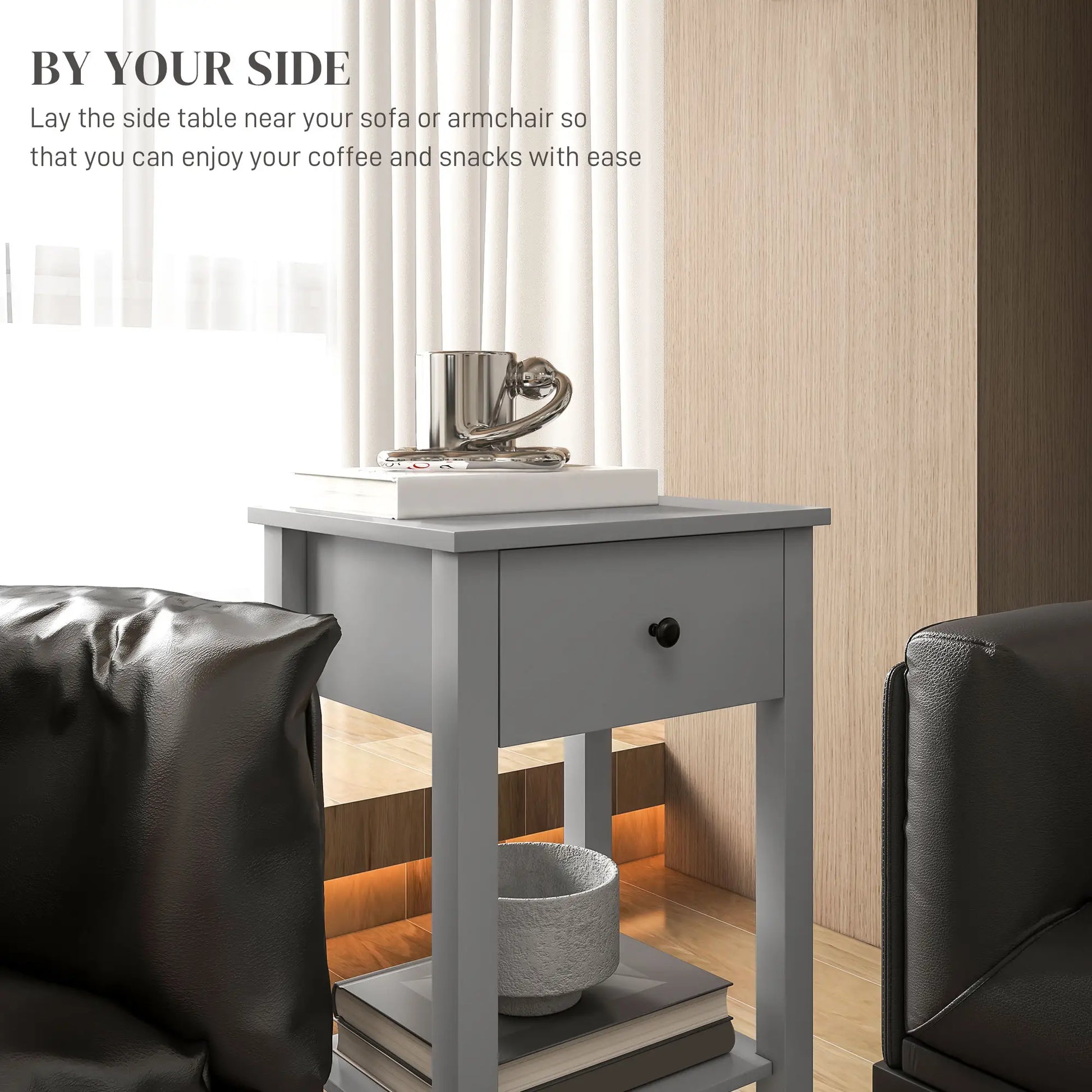 2-Tier End Tables Set of 2, with Drawer, Bottom Shelf, Grey Side Tables at Gallery Canada