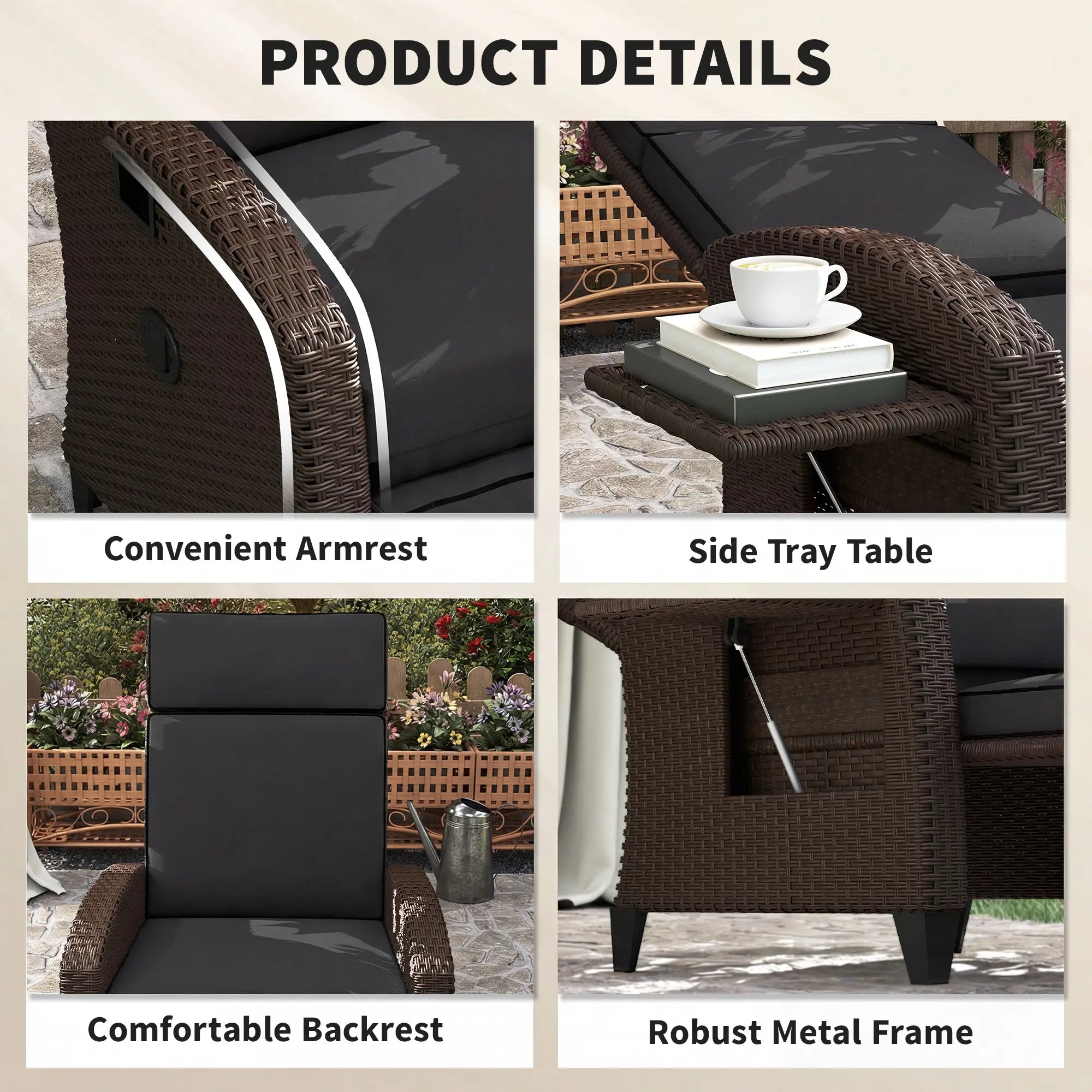 Outdoor Recliner Chair, Adjustable Backrest, Cushion, Side Tray, Black Wicker Chaise Loungers at Gallery Canada
