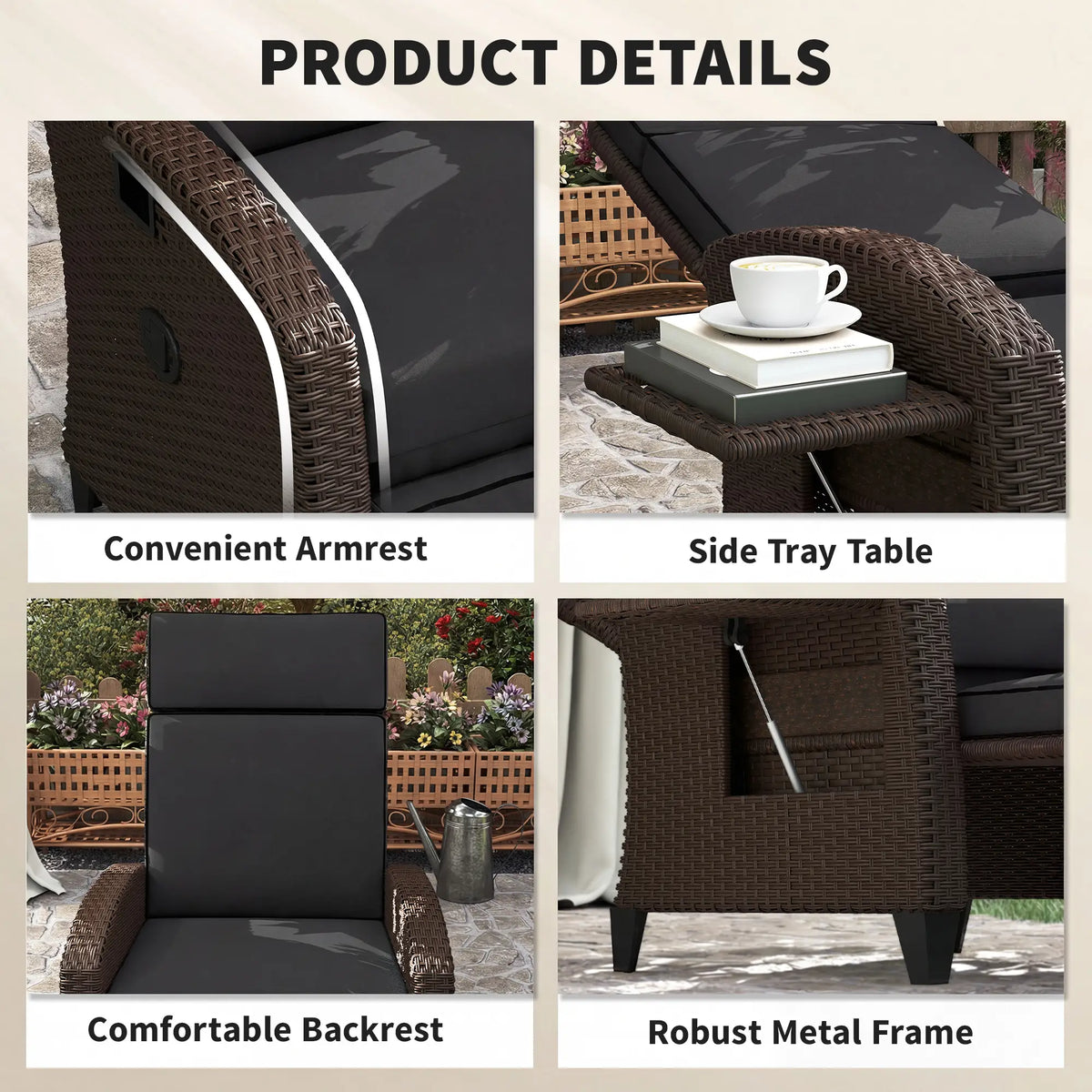 Outdoor Recliner Chair, Adjustable Backrest, Cushion, Side Tray, Black Wicker Chaise Loungers at Gallery Canada