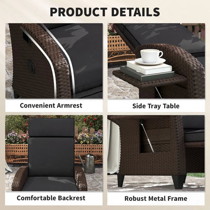 Outdoor Recliner Chair, Adjustable Backrest, Cushion, Side Tray, Black Wicker Chaise Loungers at Gallery Canada