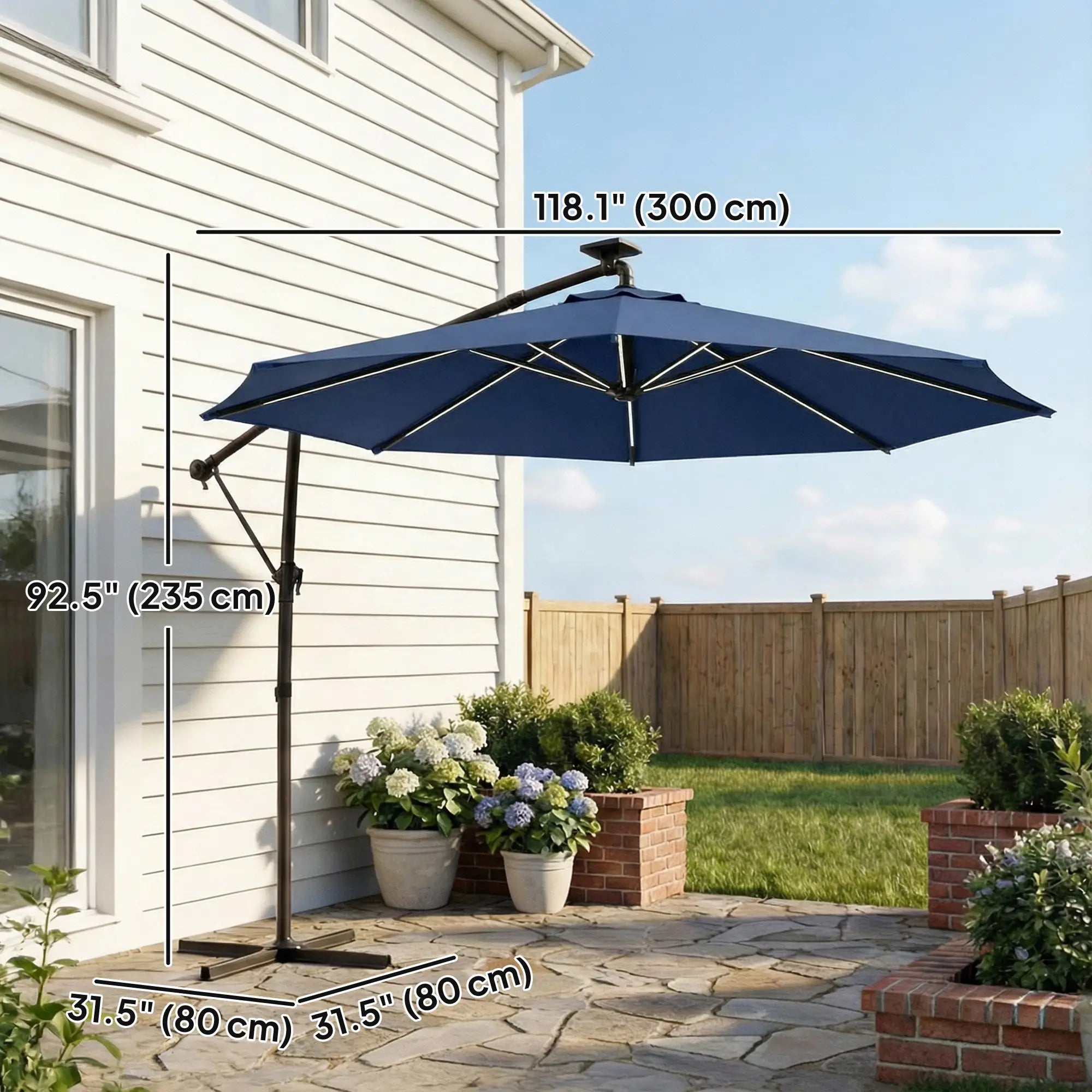 10 ft Offset Patio Umbrella, Solar Light, 360° Rotation, Tilt, Cover, Navy Blue Offset Cantilever Umbrellas at Gallery Canada