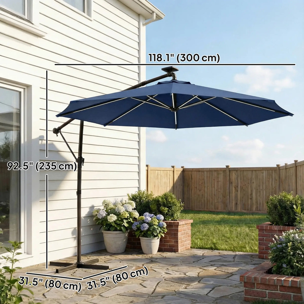 10 ft Offset Patio Umbrella, Solar Light, 360° Rotation, Tilt, Cover, Navy Blue Offset Cantilever Umbrellas at Gallery Canada