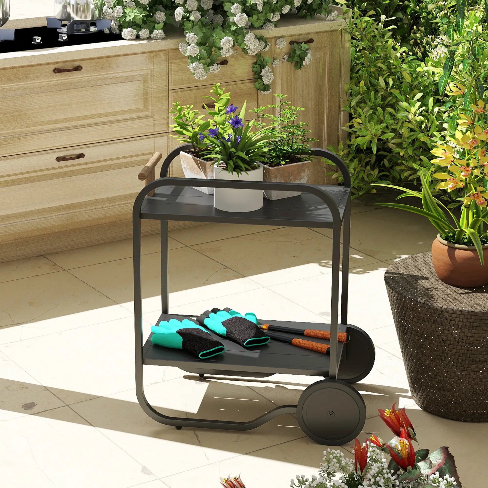 Outdoor Grill Cart With Storage, 2-Tier Bar Cart On Wheels, Steel Frame, Black Outdoor Grill Carts at Gallery Canada