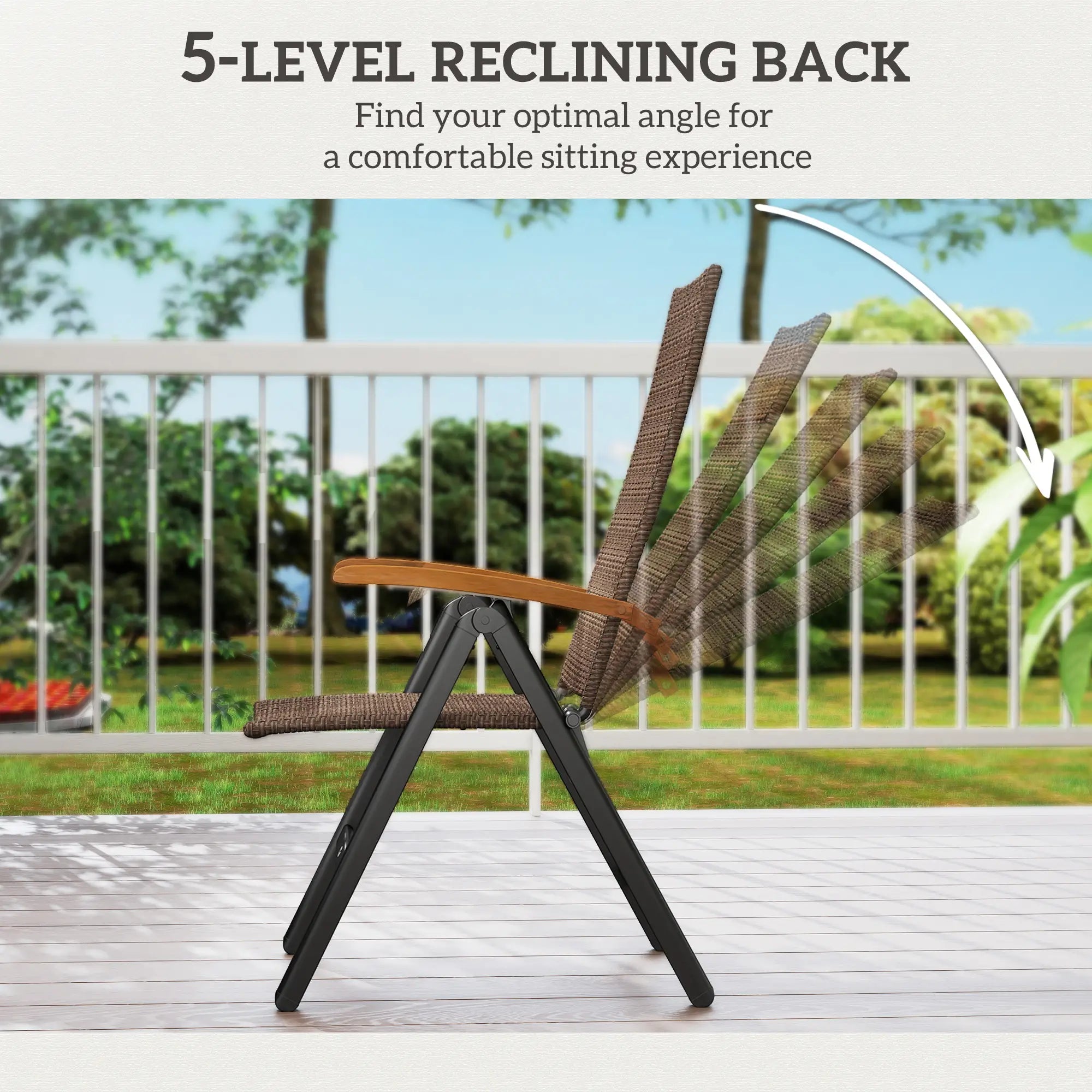 Folding Wicker Patio Dining Chair, 5-Level Reclining, Wooden Armrests, Brown Patio Chairs at Gallery Canada