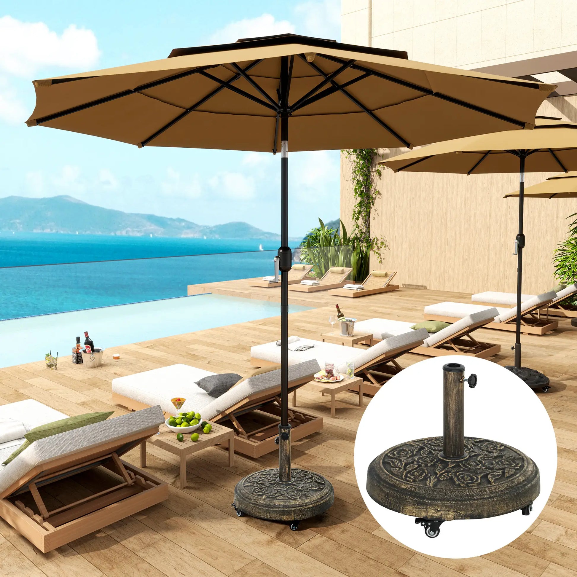 Round Patio Umbrella Base, 46 lbs Resin Stand with Wheels, Bronze Umbrella Bases at Gallery Canada