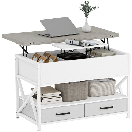 Modern Coffee Table, Lift Top with Fabric Drawers, Hidden Storage, Cement Grey