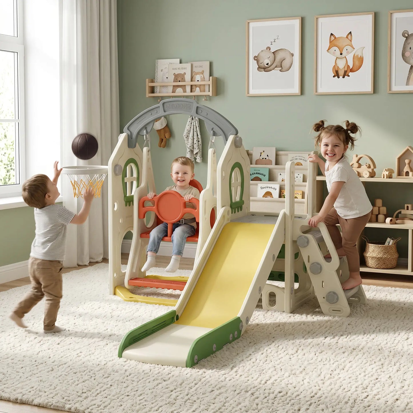 Ensemble de toboggan et balançoire pour tout-petits 5-en-1 avec siège réglable, crème