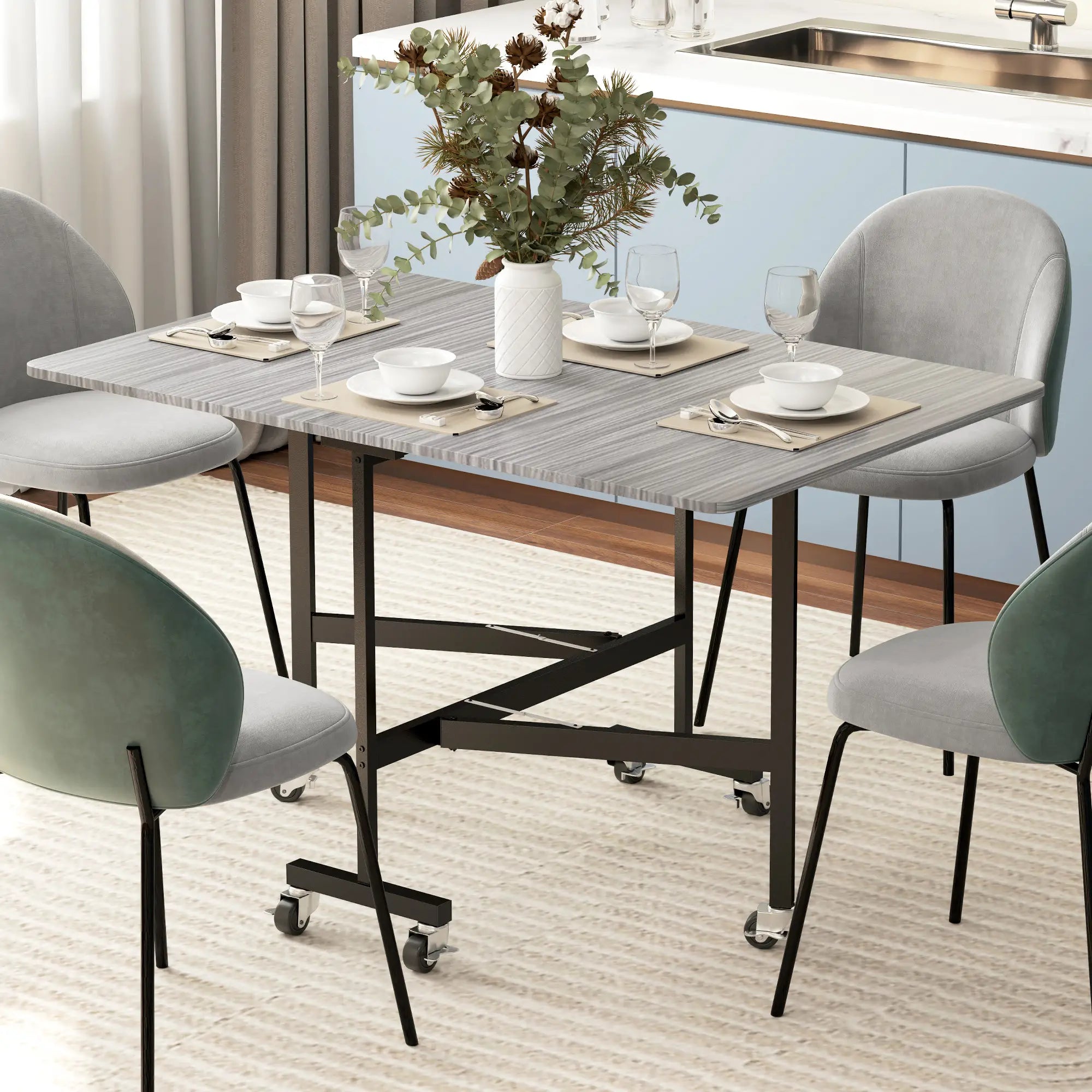 6-Seater Drop-Leaf Dining Table With Wheels, Grey, Grey Dining Tables at Gallery Canada