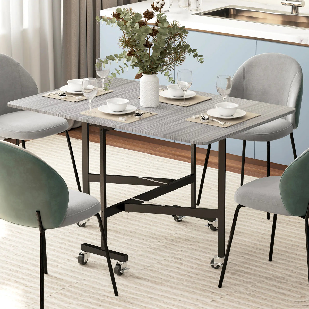 6-Seater Drop-Leaf Dining Table With Wheels, Grey, Grey Dining Tables at Gallery Canada