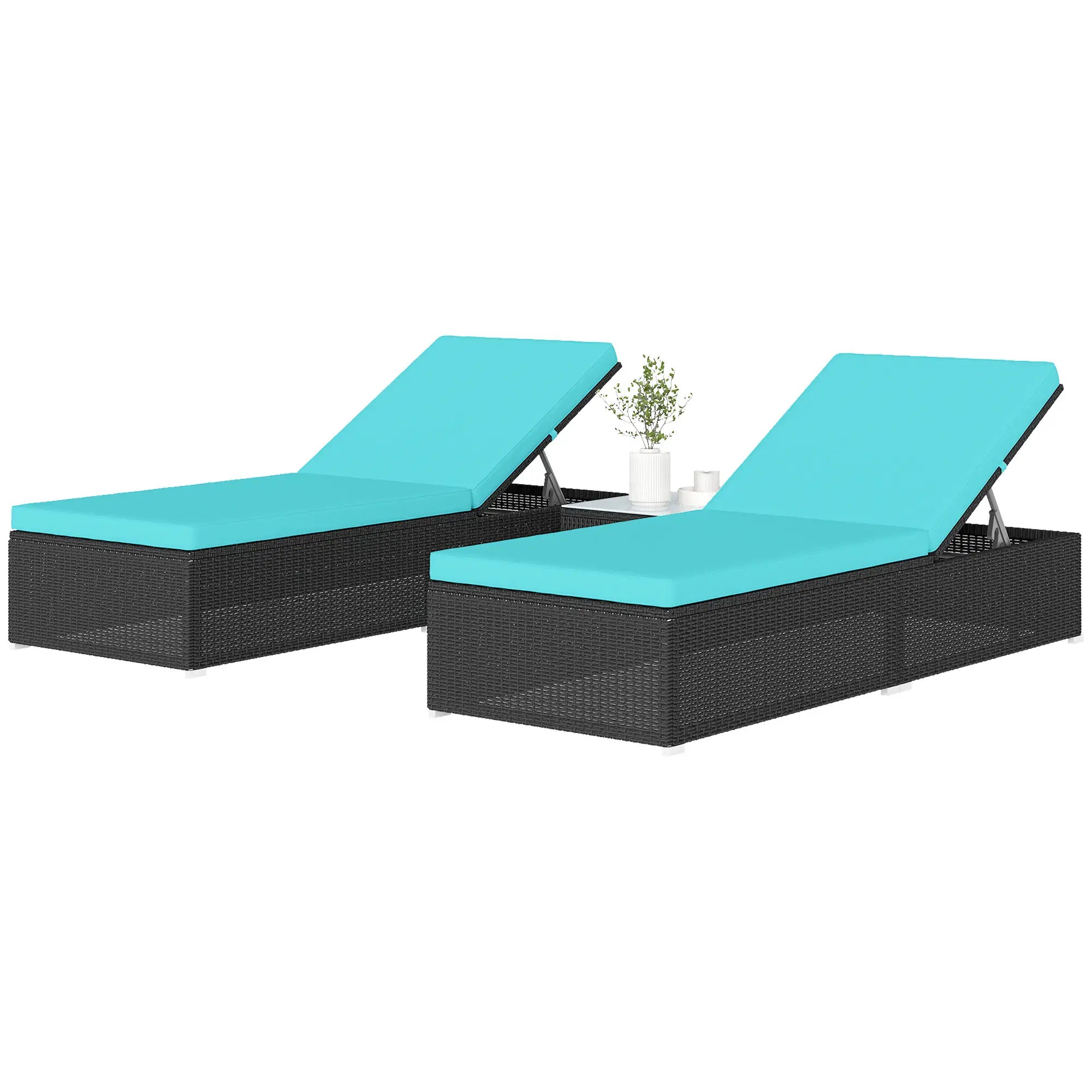 3pc Rattan Lounge Chair Set with Side Table Outdoor Patio Synthetic Rattan Wicker Sun Bed Set with Cushion Chaise Loungers Coffee and Light Turquoise at Gallery Canada