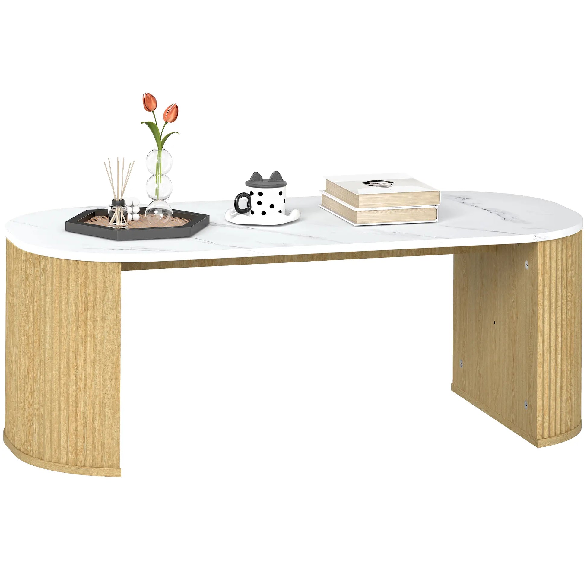 Modern Marble-Effect Coffee Table, Round Corners, Thicken Legs, Natural Wood Coffee Tables at Gallery Canada
