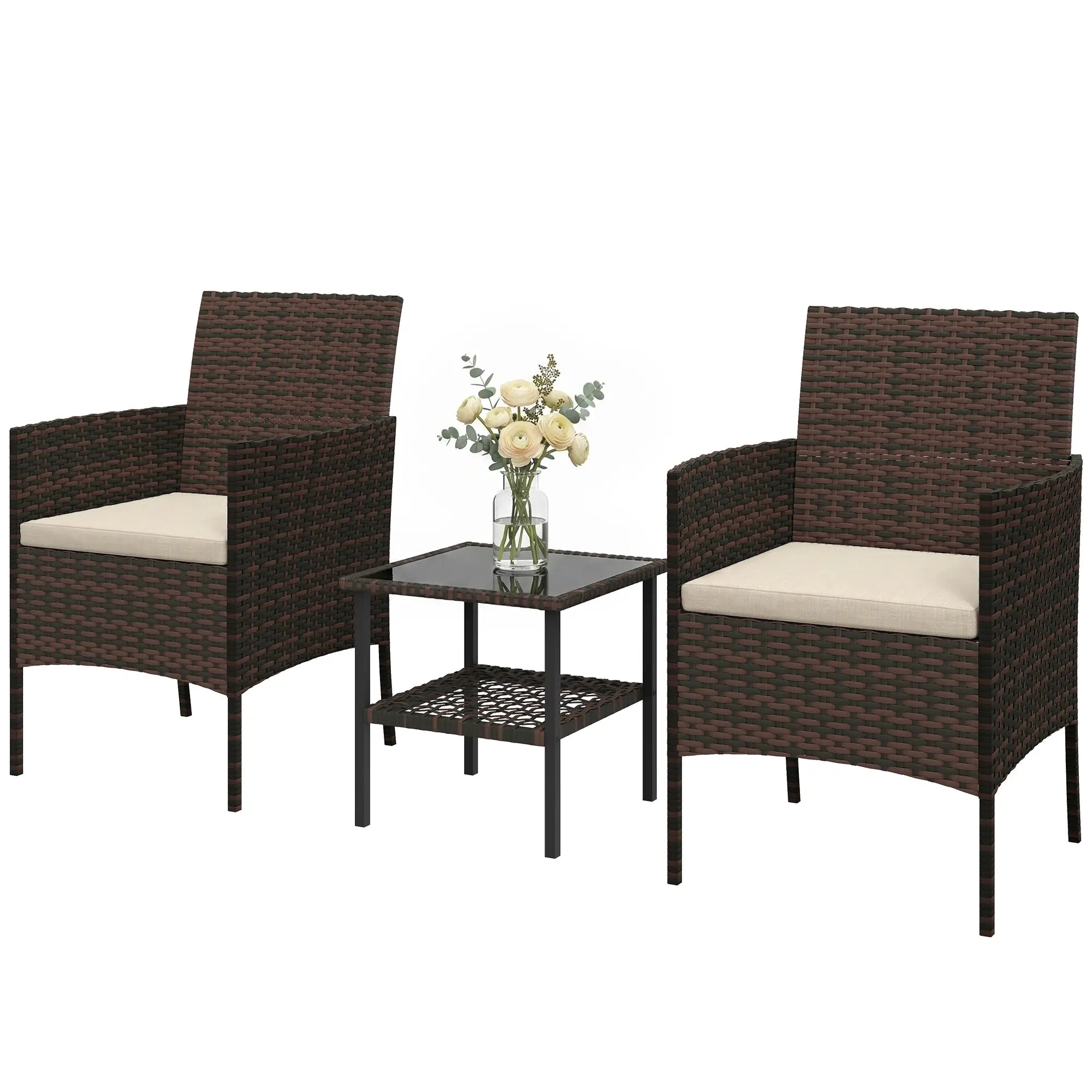 3 Piece Wicker Bistro Set, 2-Tier Glass Top Table, Khaki Bistro Sets Brown, Khaki at Gallery Canada