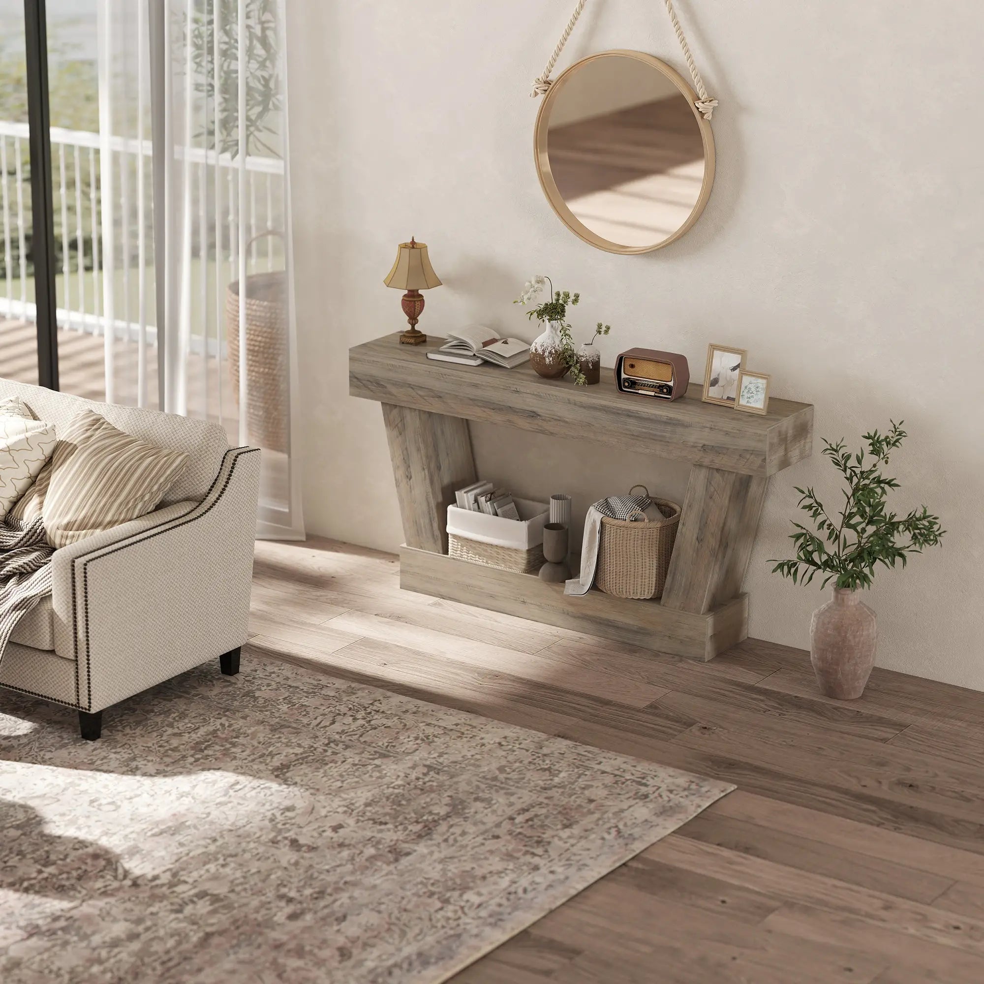 63 Inch Vintage Console Table, Narrow Entryway Table with Shelf, Light Brown Console Tables at Gallery Canada