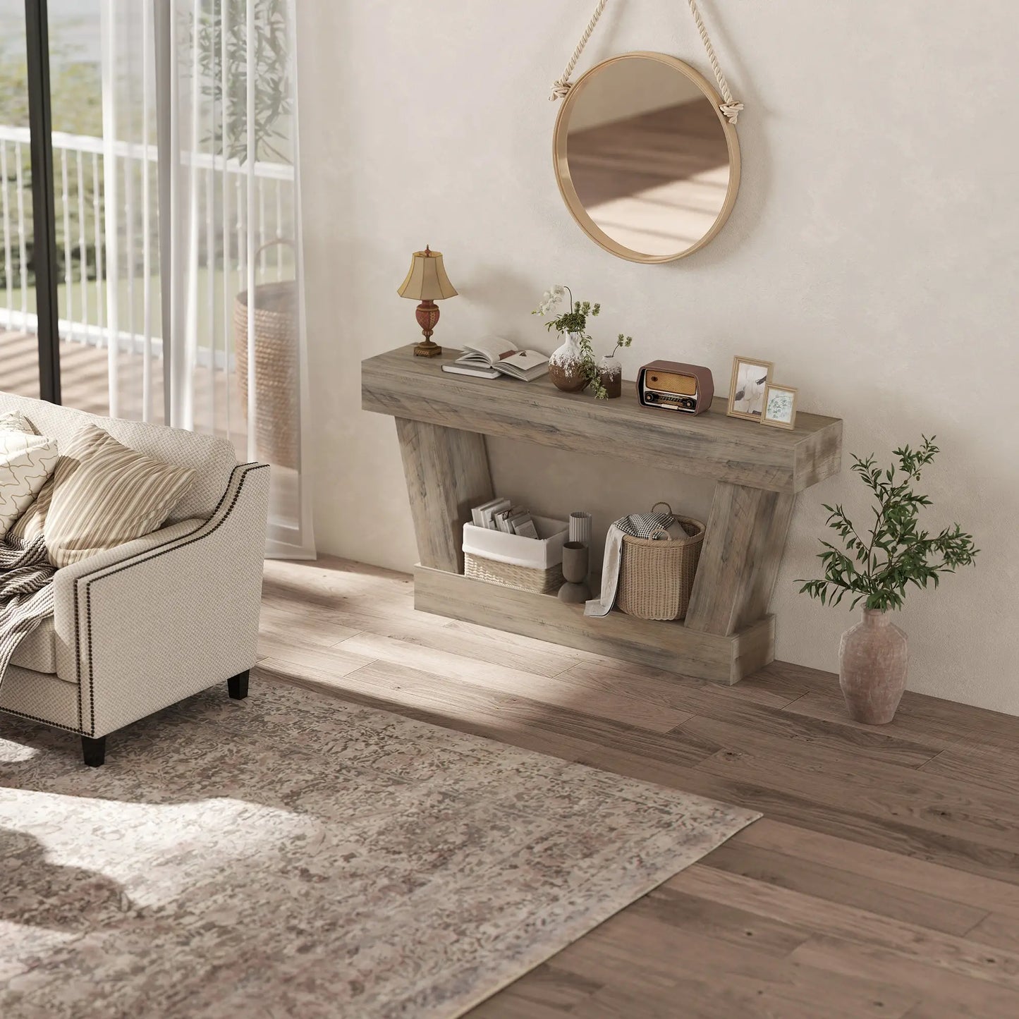 63 Inch Vintage Console Table, Narrow Entryway Table with Shelf, Light Brown Console Tables at Gallery Canada
