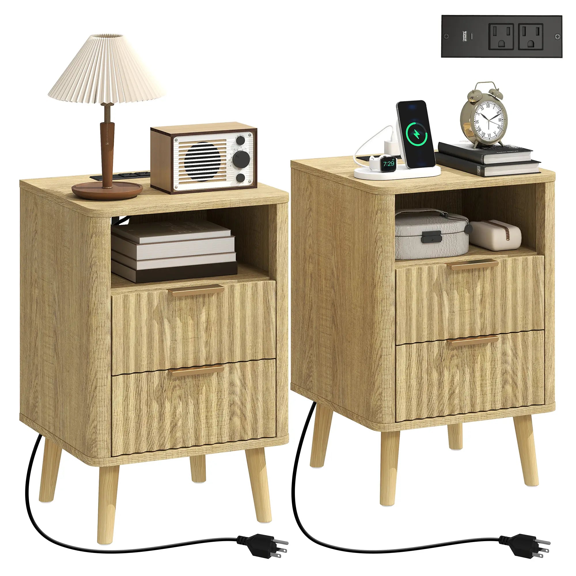 Modern Nightstands Set Of 2, Charging Station, 2 Drawers, Open Shelf, Oak Bedside Tables at Gallery Canada
