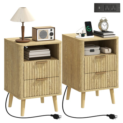 Modern Nightstands Set Of 2, Charging Station, 2 Drawers, Open Shelf, Oak Bedside Tables at Gallery Canada