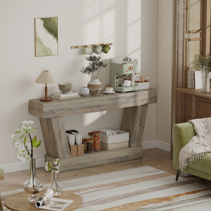 63 Inch Vintage Console Table, Narrow Entryway Table with Shelf, Light Brown Console Tables at Gallery Canada
