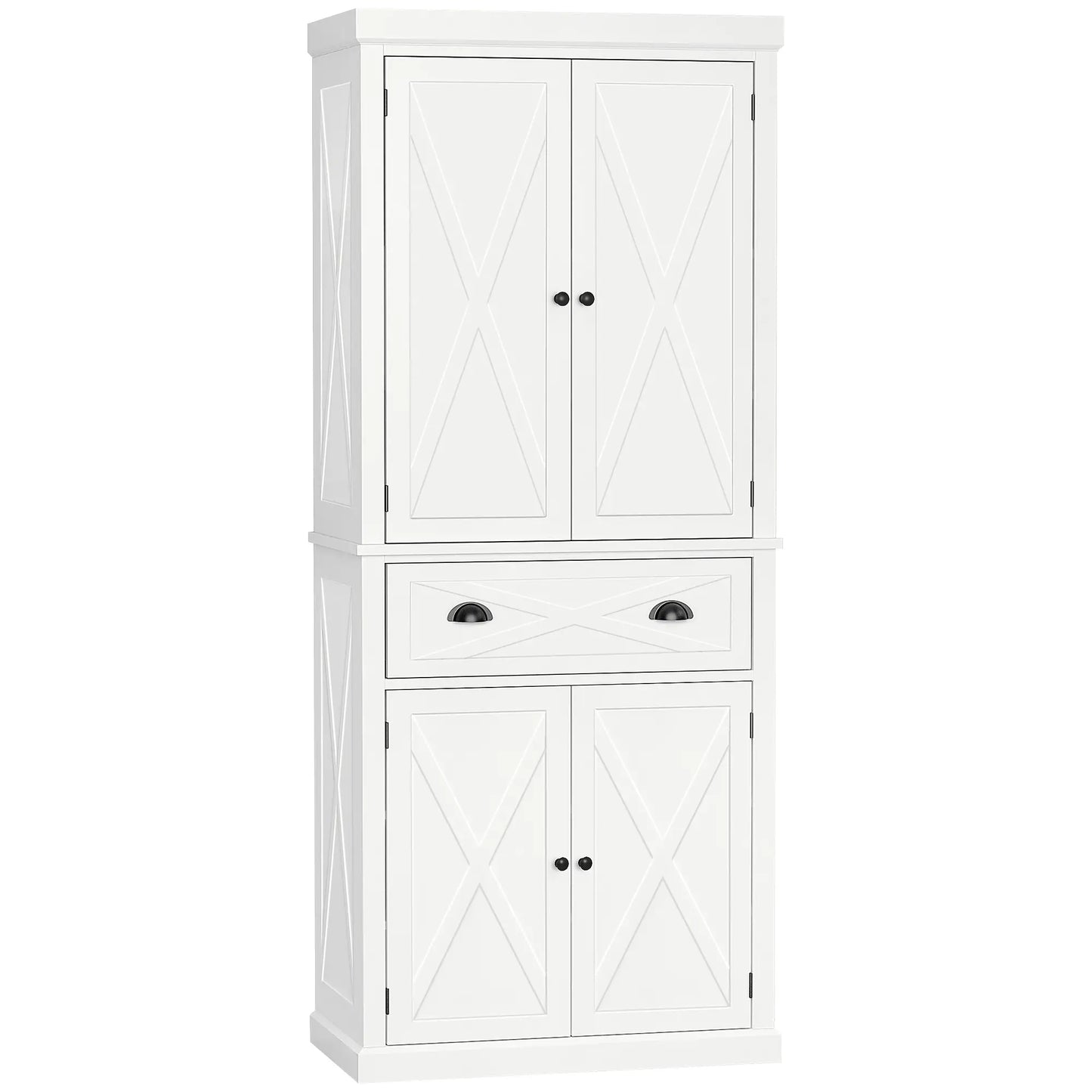 72.5" Kitchen Pantry Cabinet, 4 Doors, Drawer, Adjustable Shelves, White