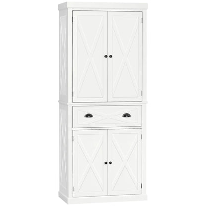72.5" Kitchen Pantry Cabinet, 4 Doors, Drawer, Adjustable Shelves, White