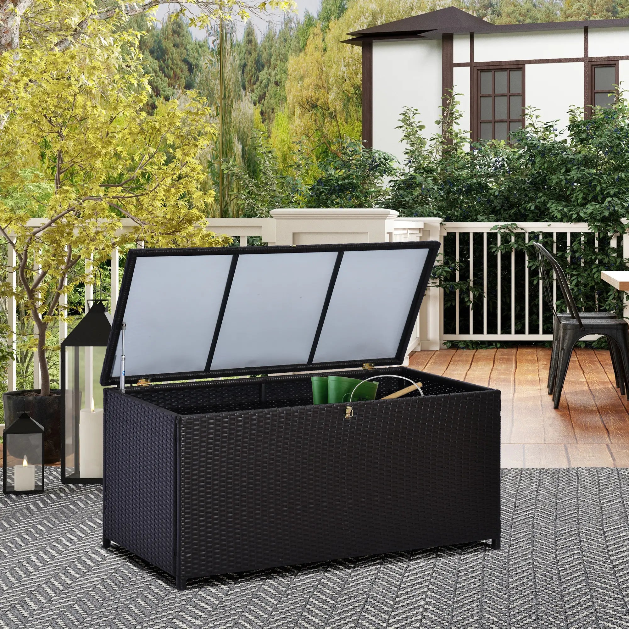 Wicker Outdoor Storage Box, 75 Gallon, Gas Strut Lid, Dark Brown Patio Storage Boxes at Gallery Canada
